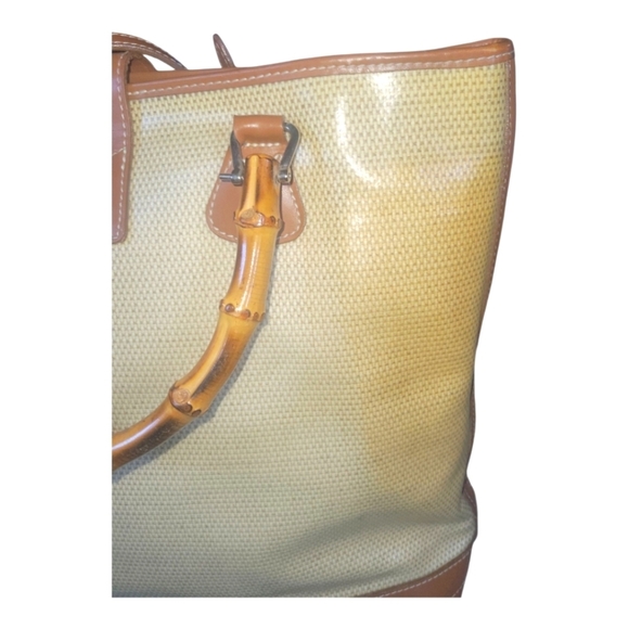 Dooney & Burke 70's Vintage Panama Collection Bamboo Handle Tan and Cream Bag - Picture 5 of 11